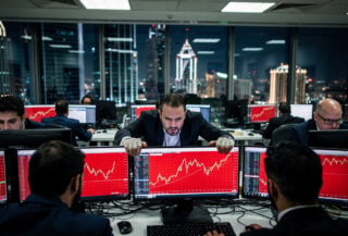 Traders reacting to sharp market decline on red-lit screens in Dubai trading floor