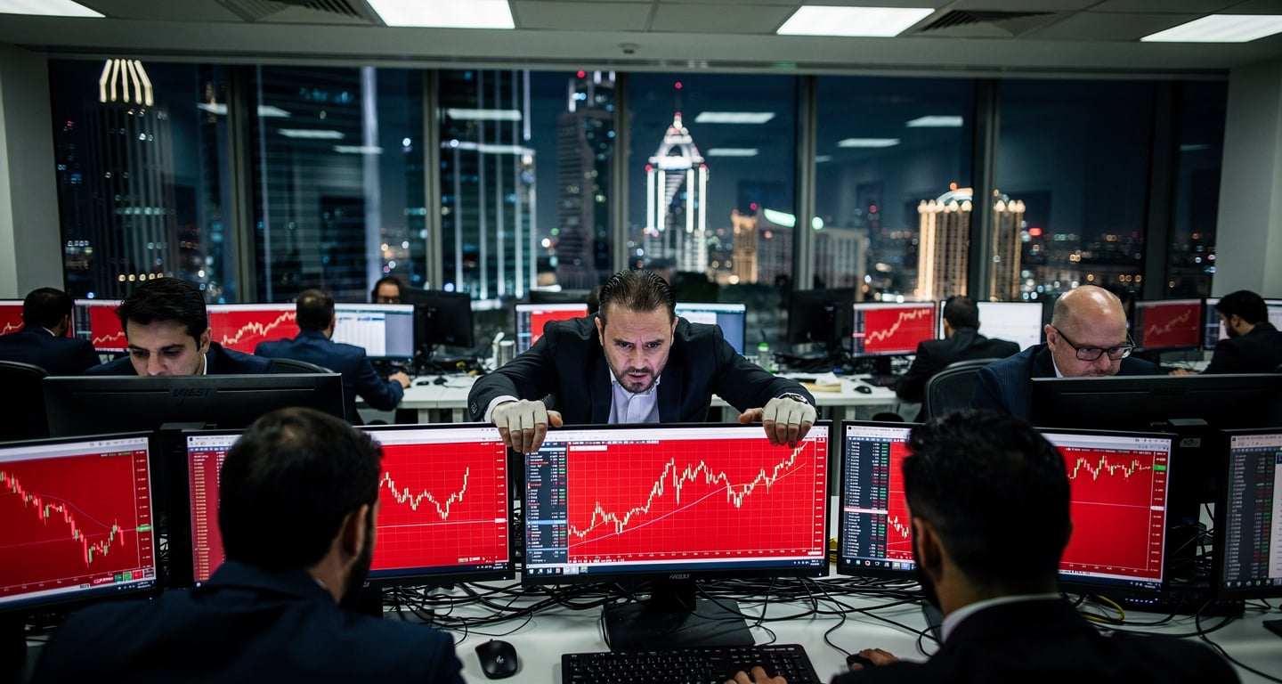 Traders reacting to sharp market decline on red-lit screens in Dubai trading floor