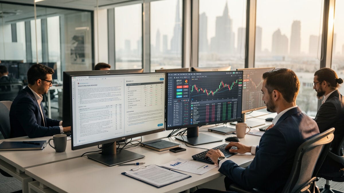 Traders reviewing regulatory documents and crypto platforms at Abu Dhabi financial office terminals