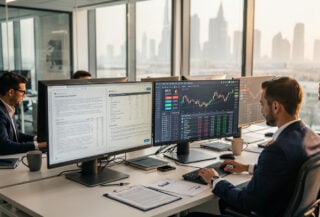 Traders reviewing regulatory documents and crypto platforms at Abu Dhabi financial office terminals