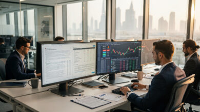 Traders reviewing regulatory documents and crypto platforms at Abu Dhabi financial office terminals