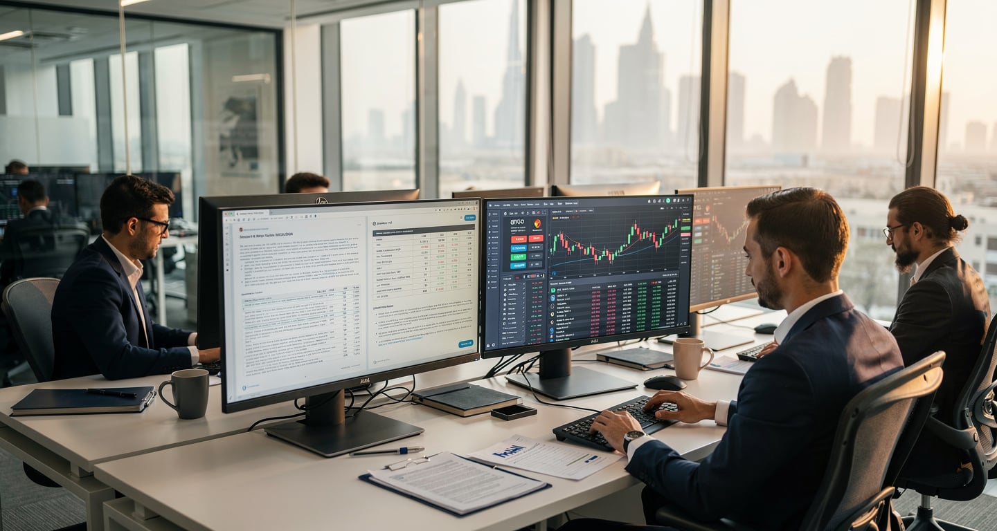 Traders reviewing regulatory documents and crypto platforms at Abu Dhabi financial office terminals