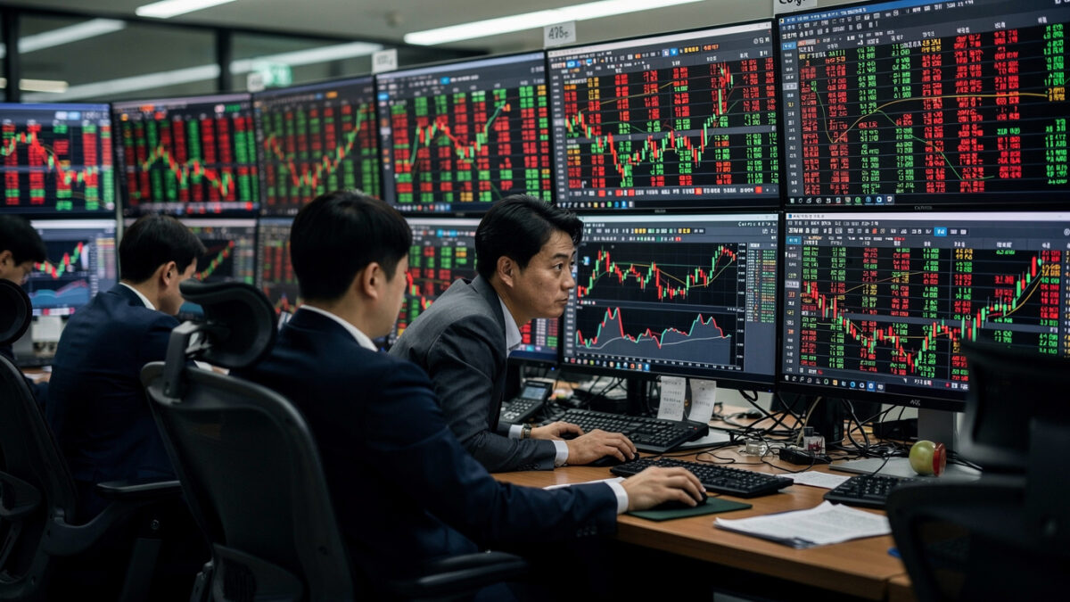 Traders watching stock screens in Seoul dealing room, monitoring semiconductor rally