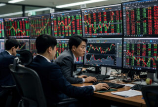 Traders watching stock screens in Seoul dealing room, monitoring semiconductor rally