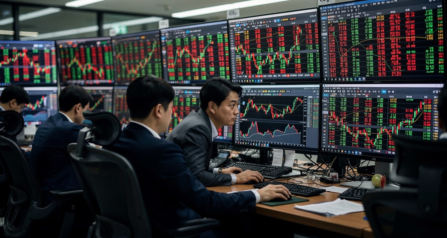 Traders watching stock screens in Seoul dealing room, monitoring semiconductor rally