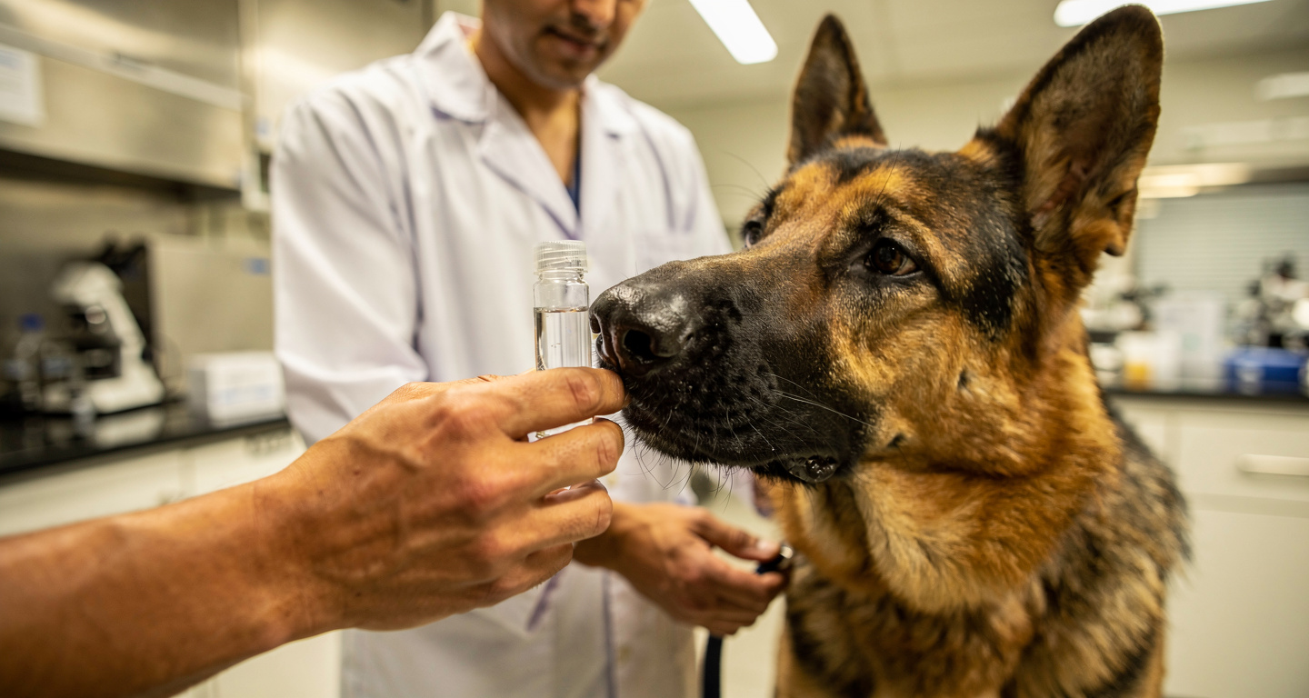Trained dog sniffing breath sample vial in Bengaluru clinical lab, handler guiding
