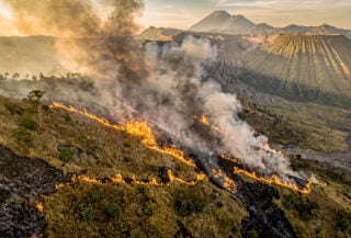 Wildfire burning across volcanic savanna on steep mountainside, Mount Bromo, East Java