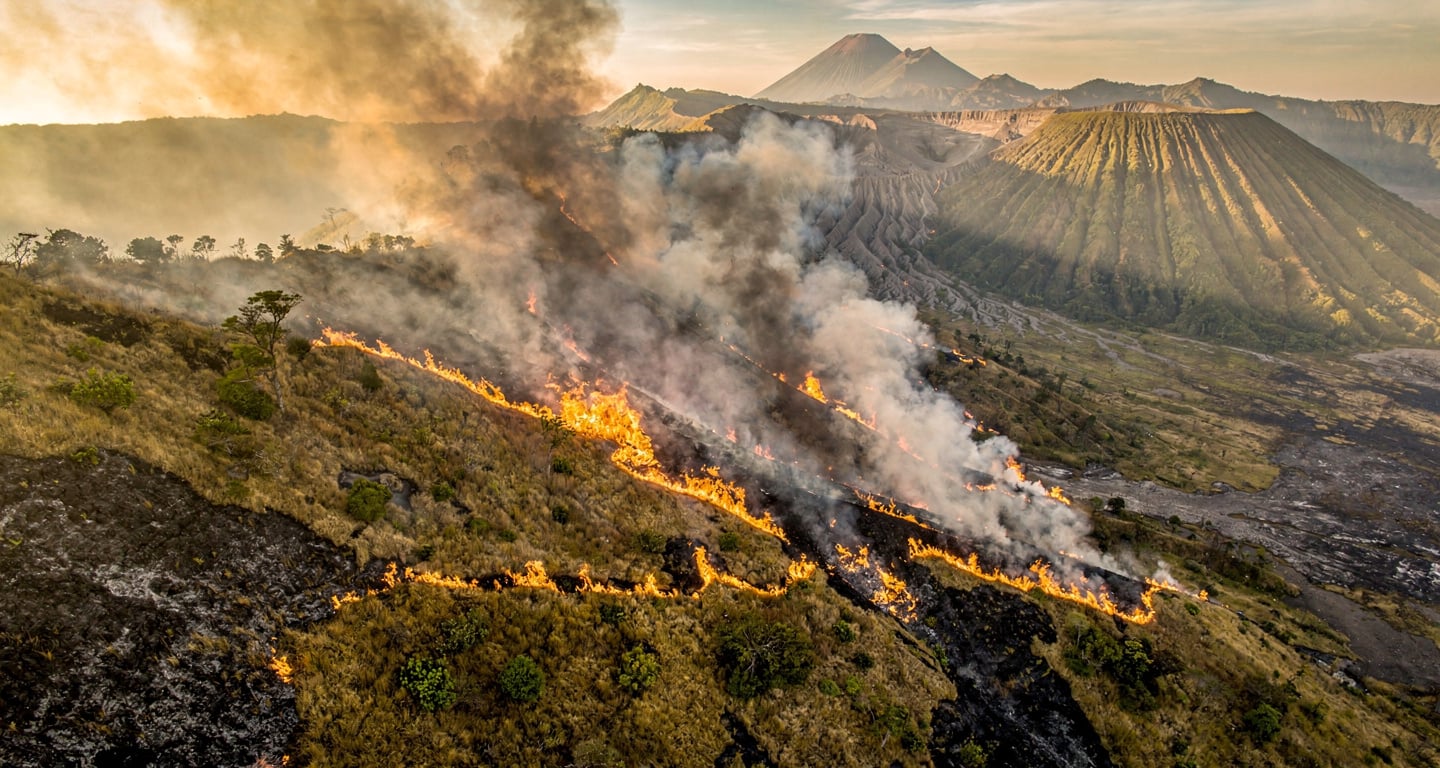 Wildfire burning across volcanic savanna on steep mountainside, Mount Bromo, East Java