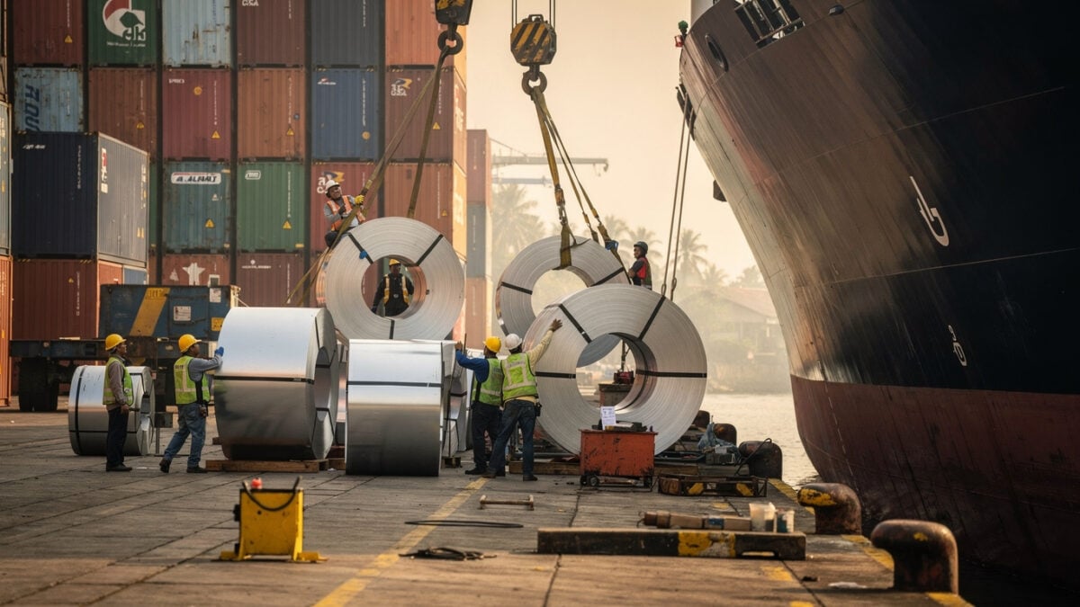 Workers loading steel coils at Jakarta port facility with containers in background, afternoon light