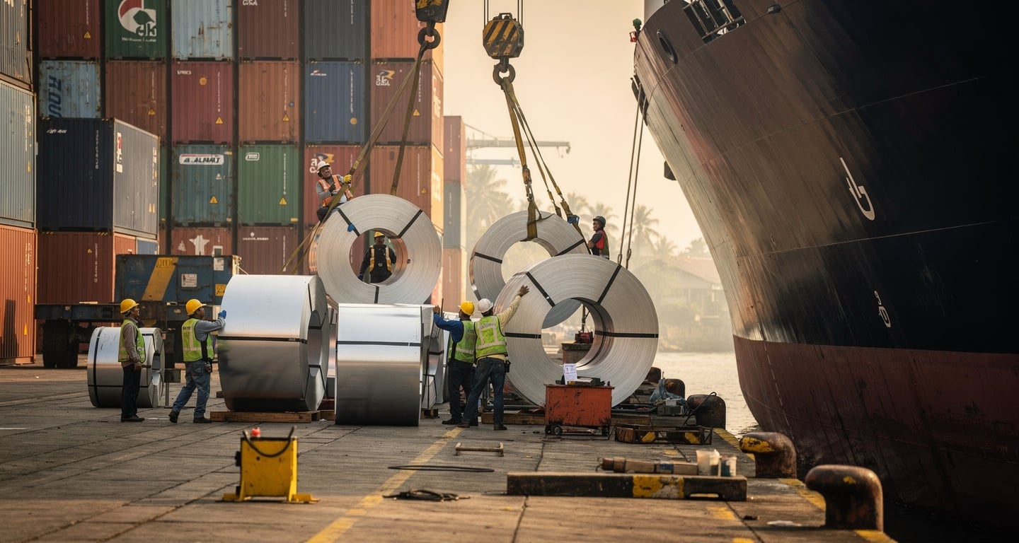 Workers loading steel coils at Jakarta port facility with containers in background, afternoon light