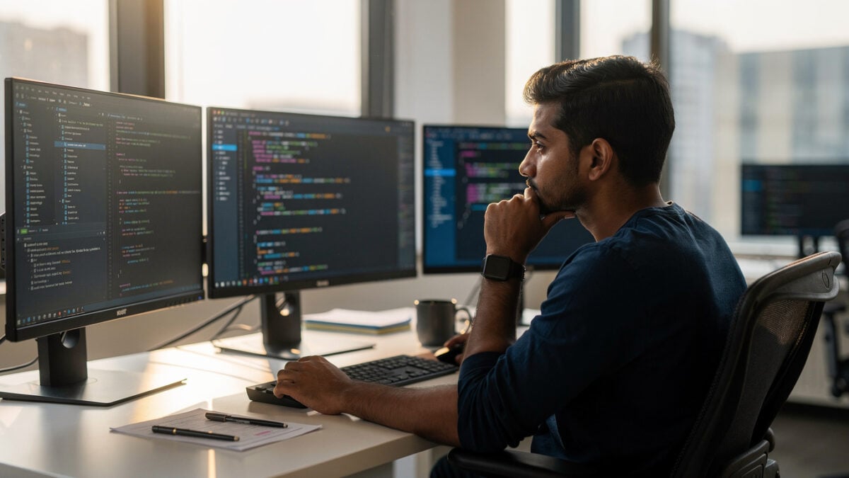 Young Indian developer at desk with code on screens, contemplative expression in tech office