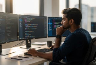 Young Indian developer at desk with code on screens, contemplative expression in tech office