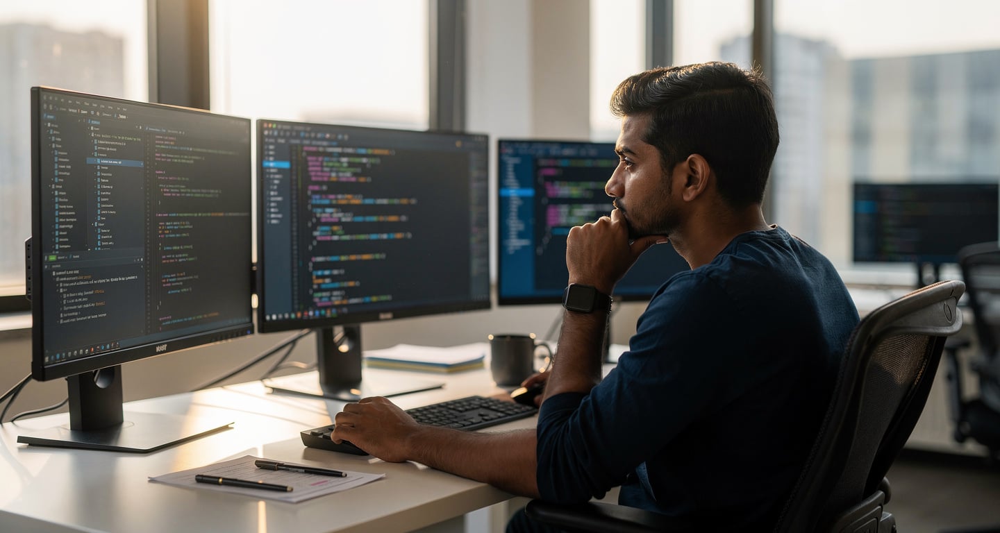 Young Indian developer at desk with code on screens, contemplative expression in tech office
