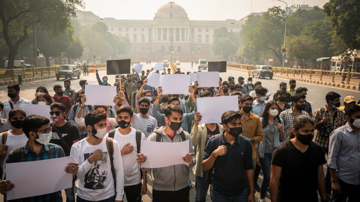 Young Indian protesters demonstrating in New Delhi street, diverse group, determined expressions
