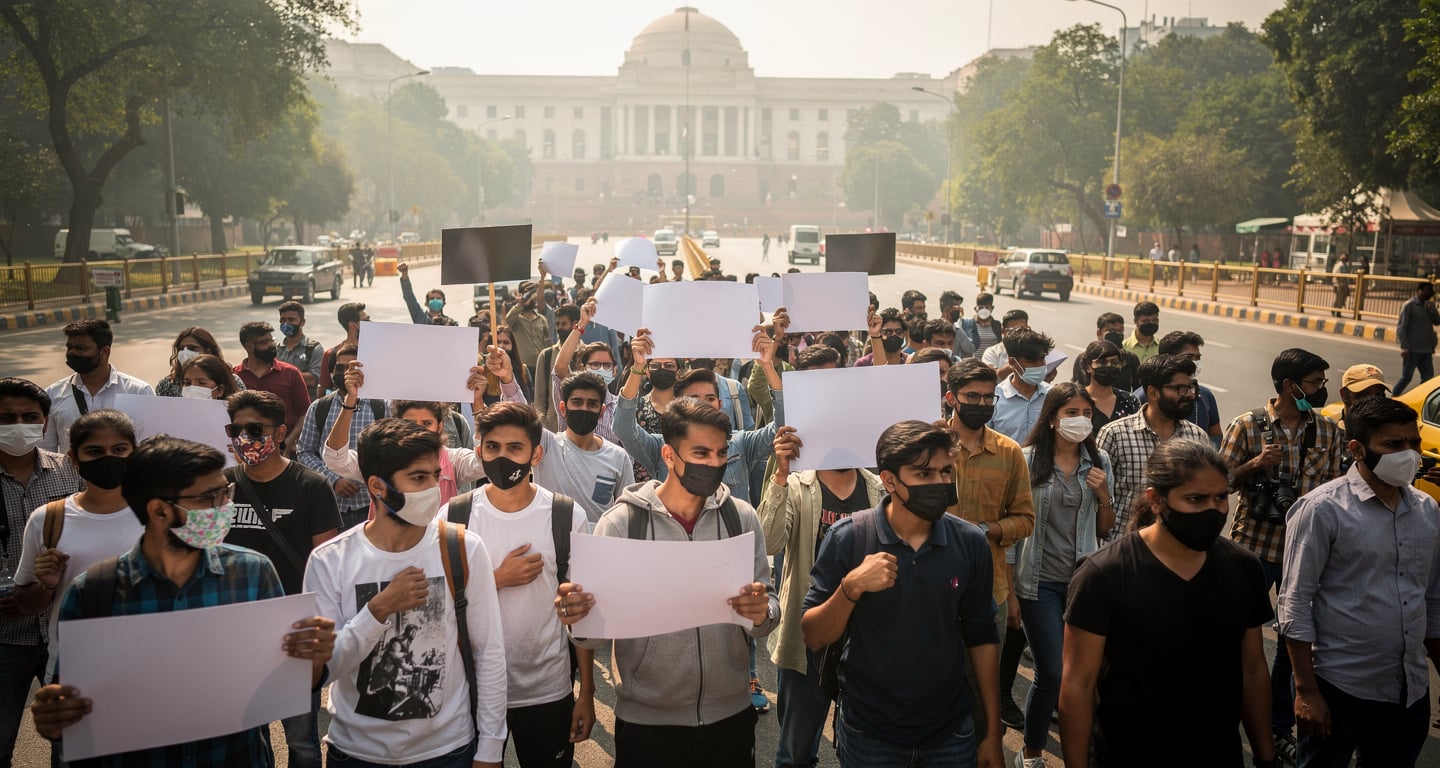Young Indian protesters demonstrating in New Delhi street, diverse group, determined expressions