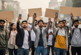 Young Indian protesters with phones and signs in New Delhi street