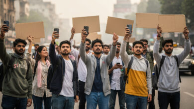 Young Indian protesters with phones and signs in New Delhi street