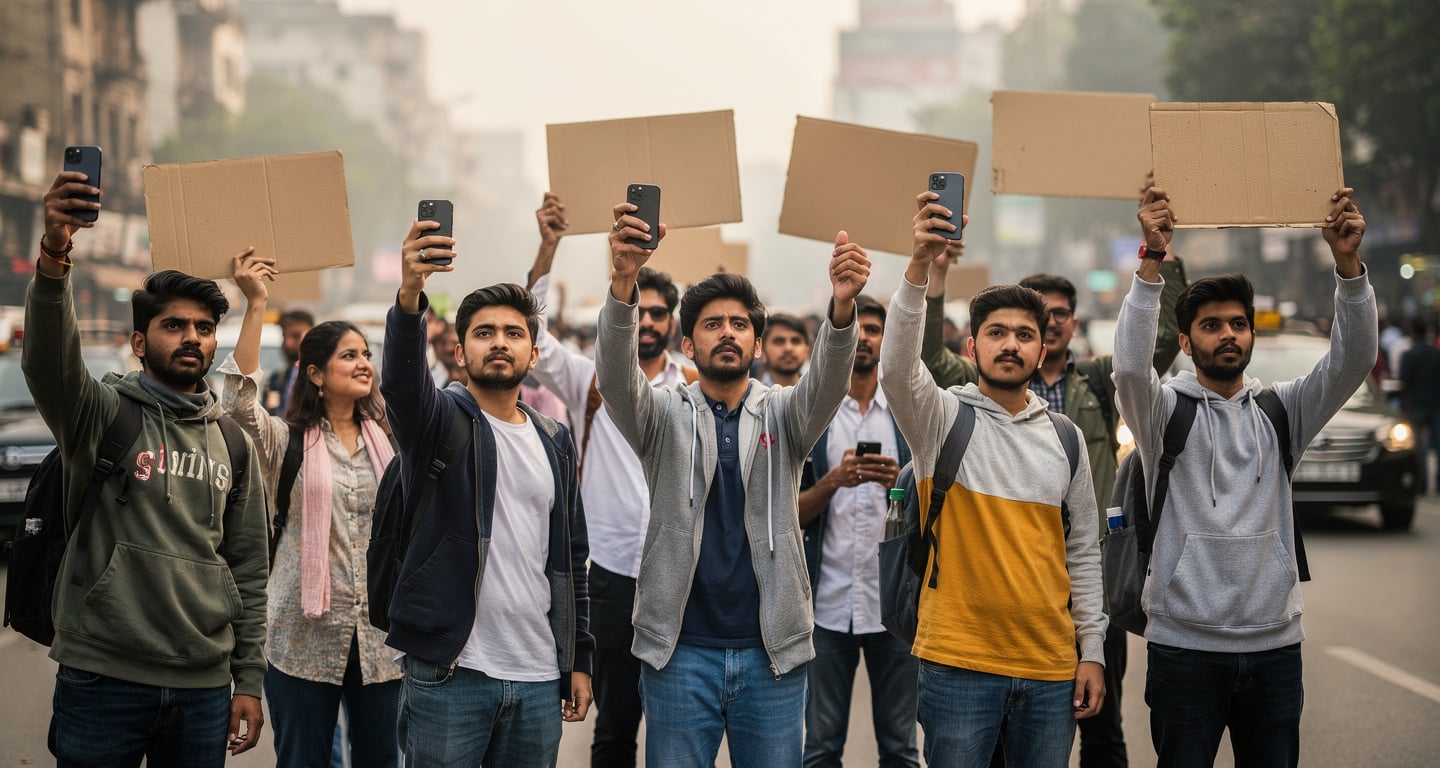 Young Indian protesters with phones and signs in New Delhi street