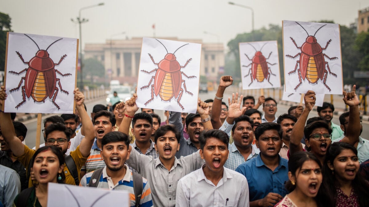 Young protesters demonstrating in New Delhi streets during Cockroach Janta Party movement