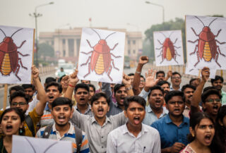 Young protesters demonstrating in New Delhi streets during Cockroach Janta Party movement