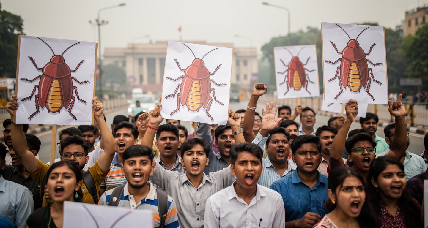 Young protesters demonstrating in New Delhi streets during Cockroach Janta Party movement