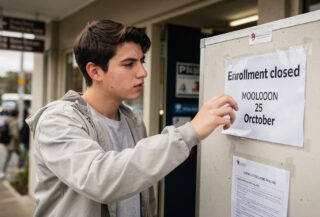 Young voter at New Zealand polling place facing closed enrollment sign dated October 25