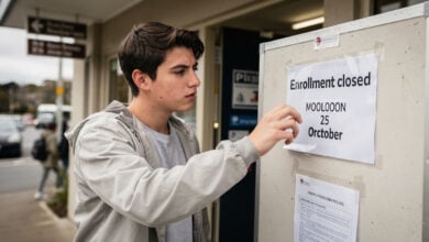 Young voter at New Zealand polling place facing closed enrollment sign dated October 25