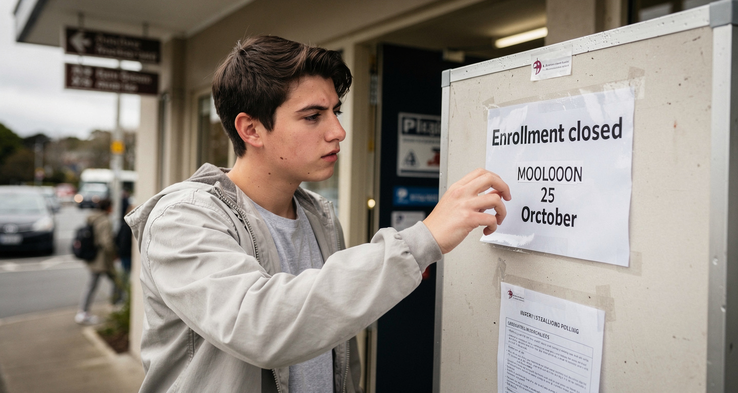 Young voter at New Zealand polling place facing closed enrollment sign dated October 25