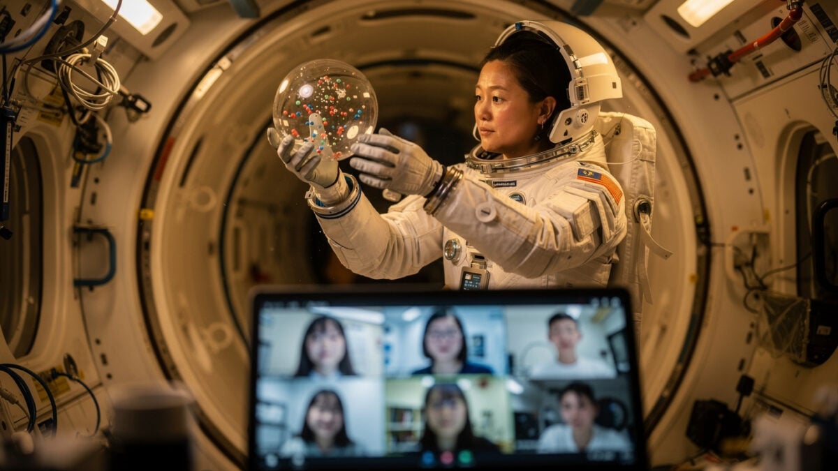 Astronaut conducting microgravity experiment inside Tiangong space station module during live classroom broadcast