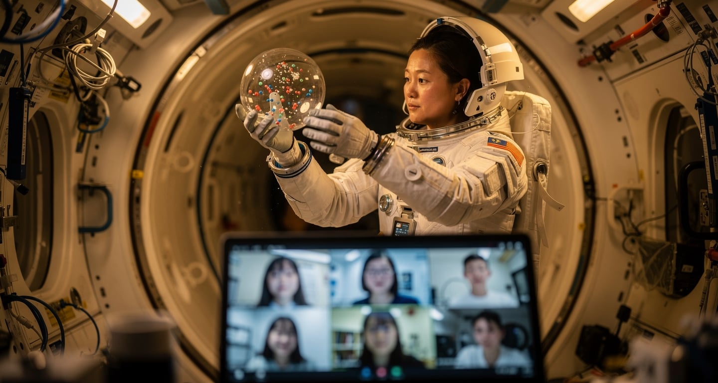 Astronaut conducting microgravity experiment inside Tiangong space station module during live classroom broadcast