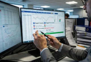 Bank compliance analyst reviewing suspicious activity alerts on computer screens, U.S. financial institution office