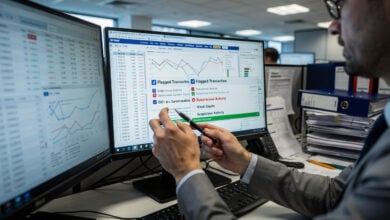 Bank compliance analyst reviewing suspicious activity alerts on computer screens, U.S. financial institution office