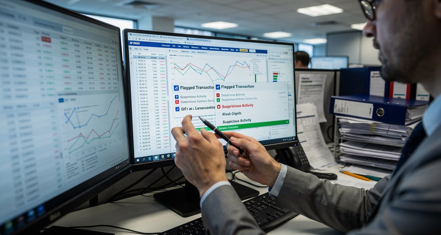 Bank compliance analyst reviewing suspicious activity alerts on computer screens, U.S. financial institution office