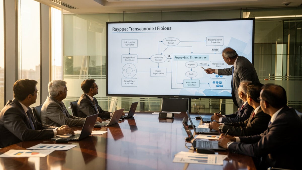 Banking officials reviewing digital payment infrastructure in New Delhi conference room, afternoon light