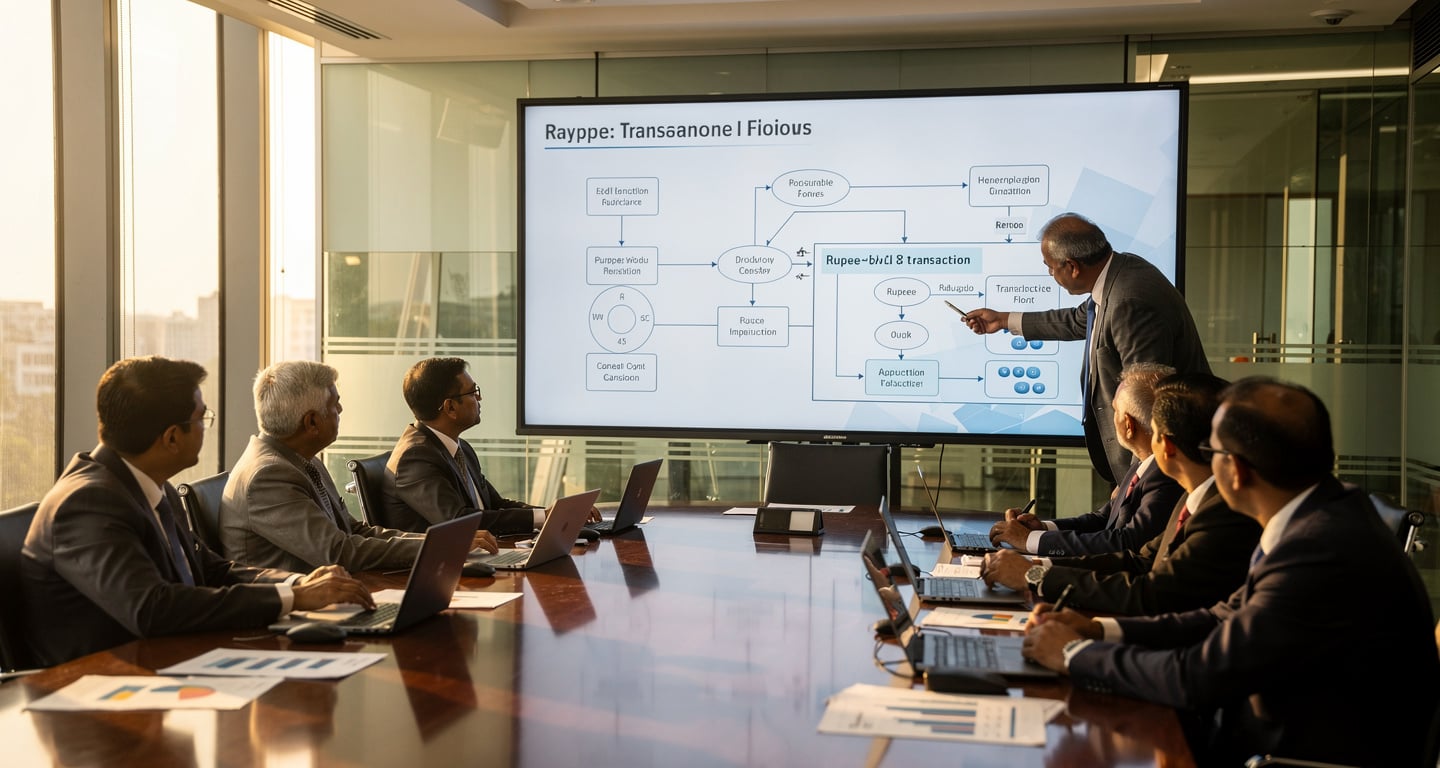 Banking officials reviewing digital payment infrastructure in New Delhi conference room, afternoon light