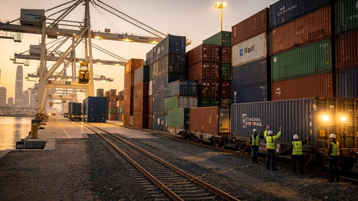 Cargo containers and cranes at Abu Dhabi eastern port facility during dawn operations with Etihad Rail loading