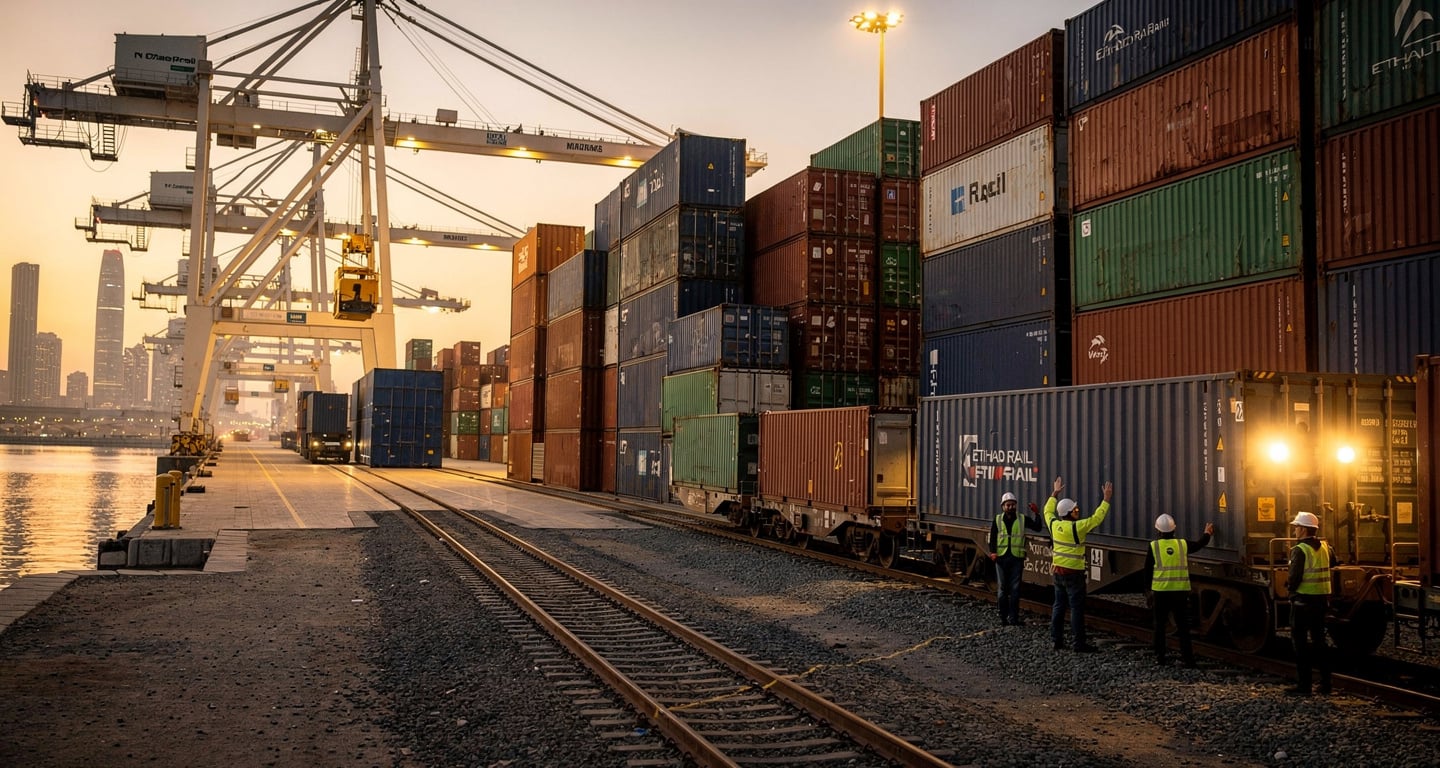 Cargo containers and cranes at Abu Dhabi eastern port facility during dawn operations with Etihad Rail loading