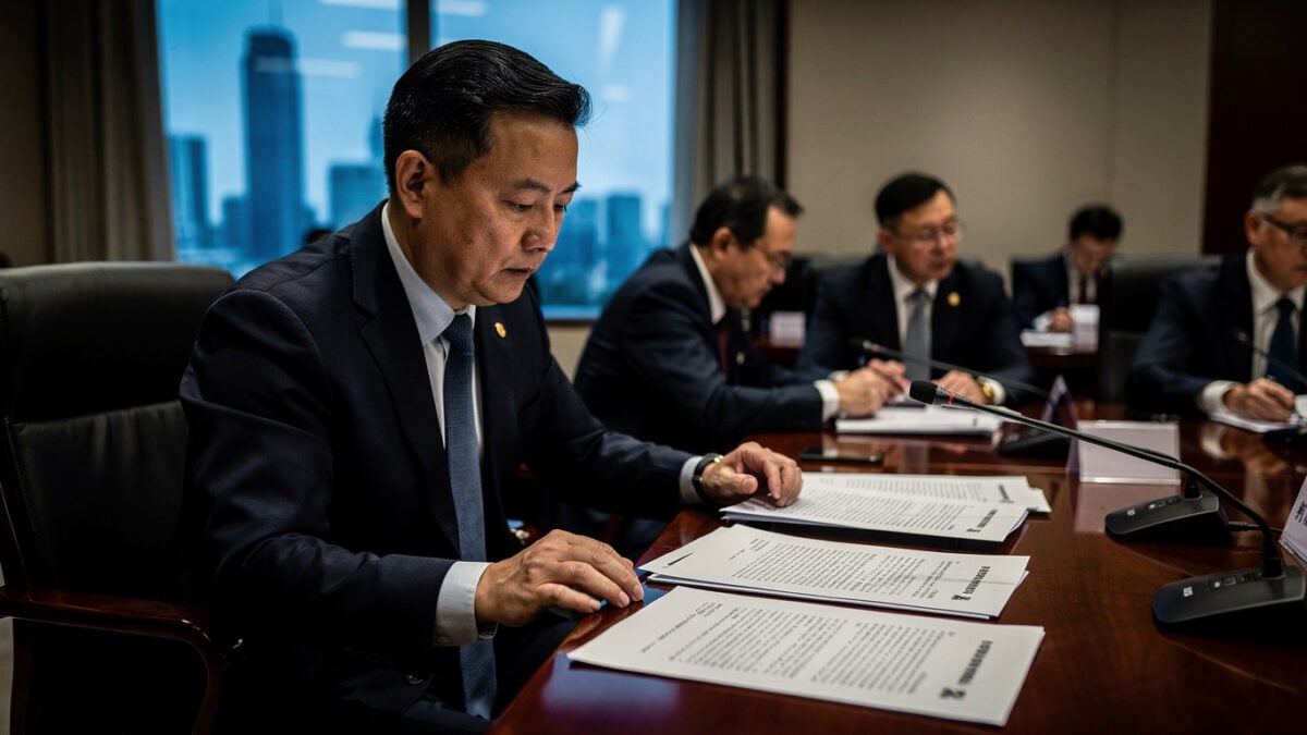 Chinese government official reviewing AI governance framework documents at formal Beijing office meeting