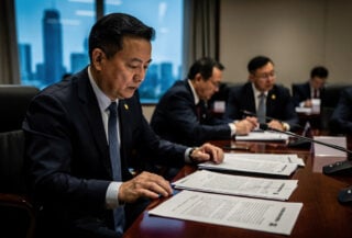 Chinese government official reviewing AI governance framework documents at formal Beijing office meeting