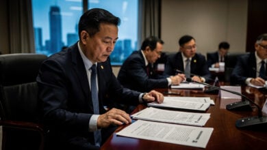 Chinese government official reviewing AI governance framework documents at formal Beijing office meeting