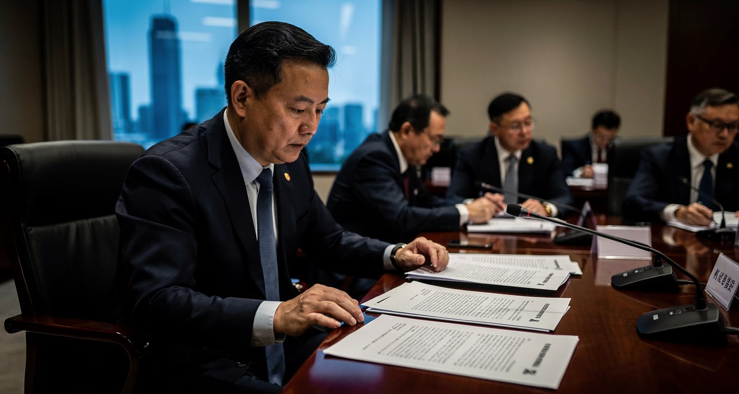 Chinese government official reviewing AI governance framework documents at formal Beijing office meeting