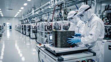 Cleanroom technicians inspecting high-bandwidth memory stacks at South Korean semiconductor fab