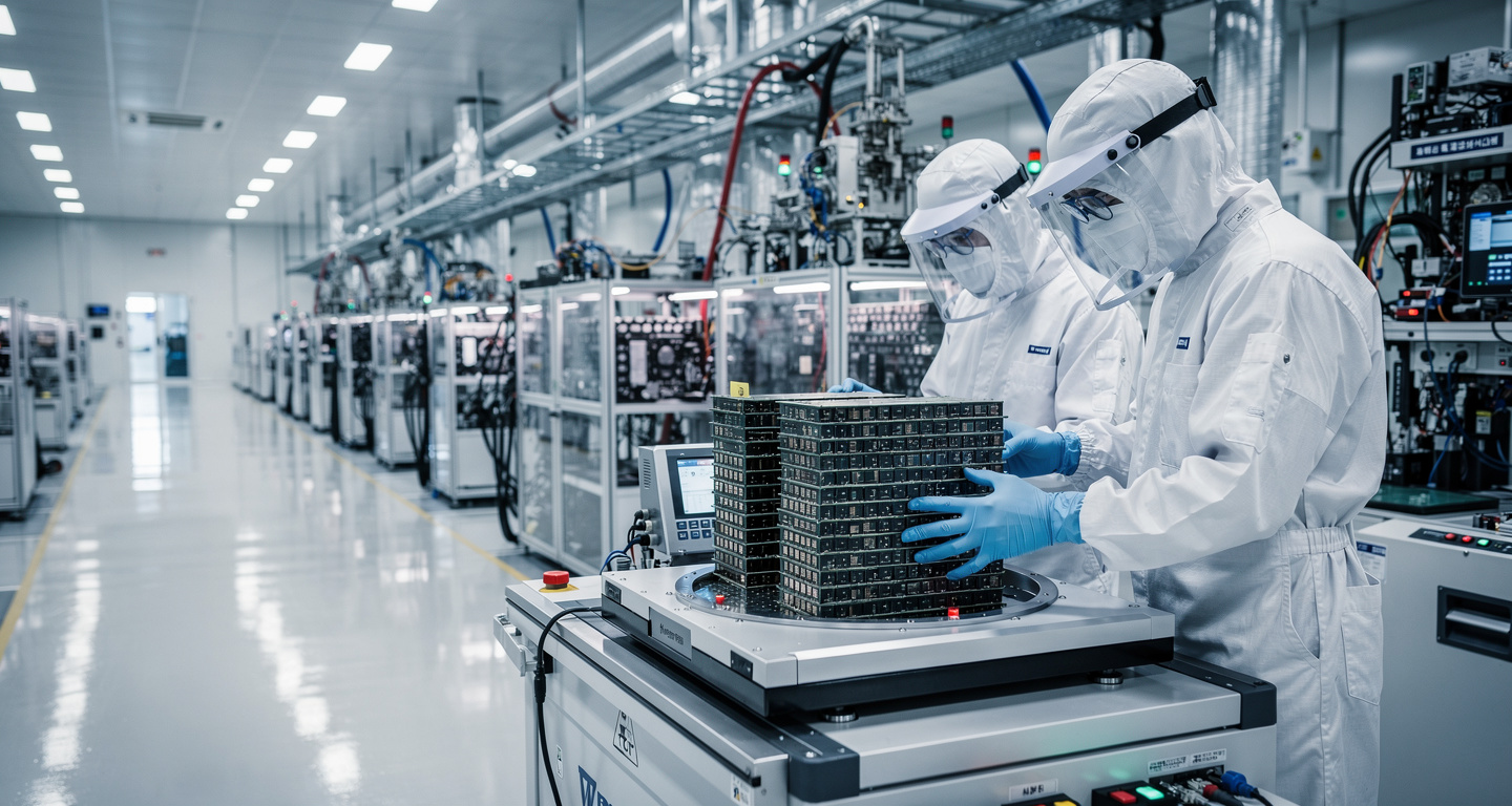 Cleanroom technicians inspecting high-bandwidth memory stacks at South Korean semiconductor fab