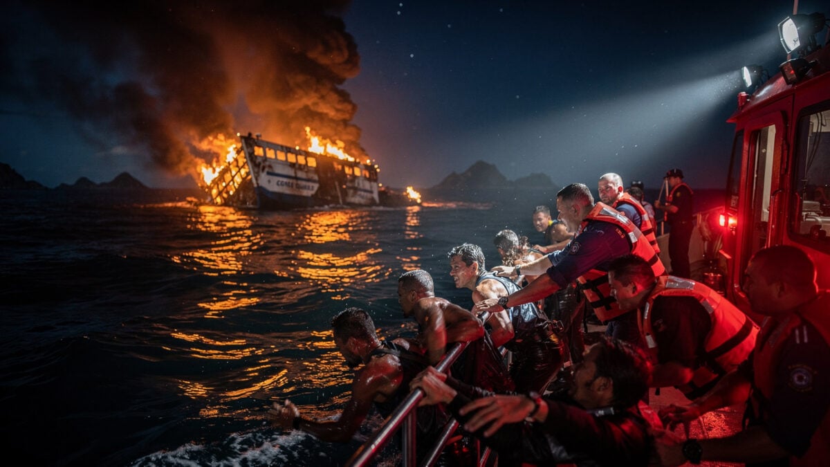 Coast Guard rescue boat pulling survivors from water near burning ferry, Coron Palawan, night