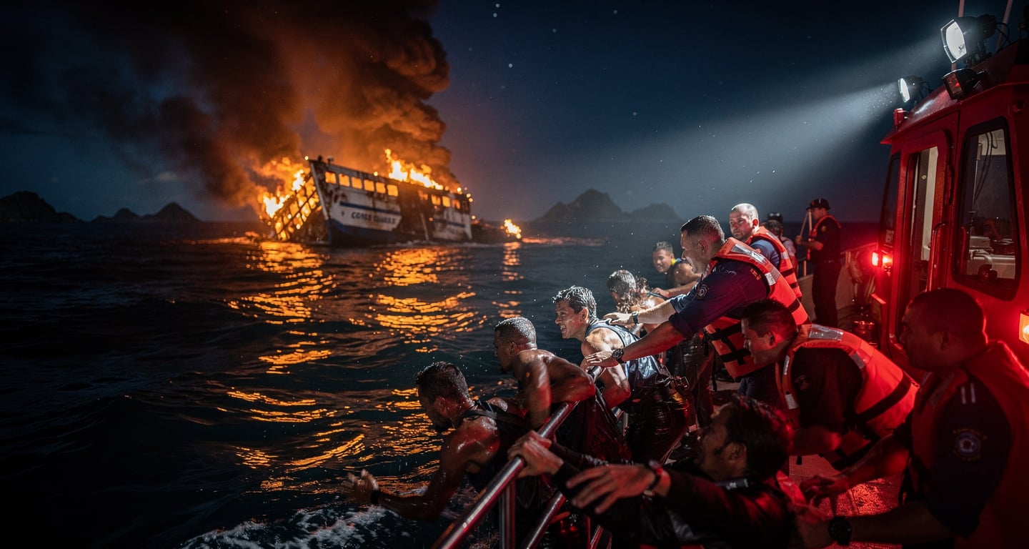Coast Guard rescue boat pulling survivors from water near burning ferry, Coron Palawan, night