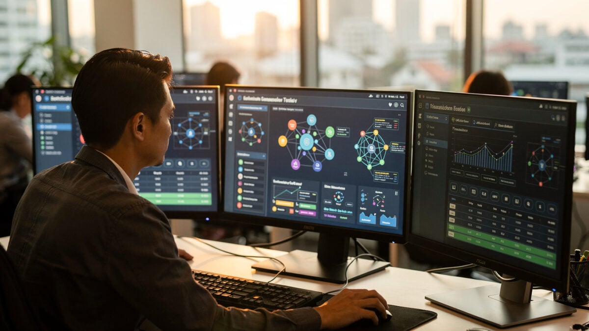 Compliance officer monitoring blockchain analytics dashboards at Bangkok fintech office, afternoon light