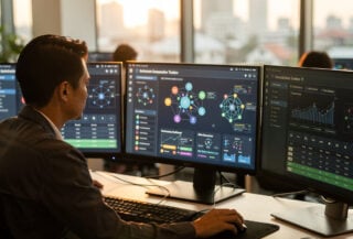 Compliance officer monitoring blockchain analytics dashboards at Bangkok fintech office, afternoon light