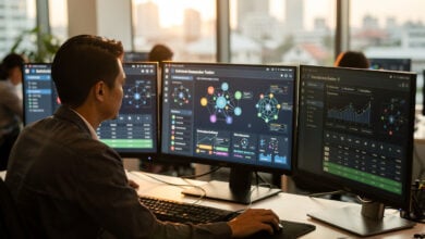Compliance officer monitoring blockchain analytics dashboards at Bangkok fintech office, afternoon light