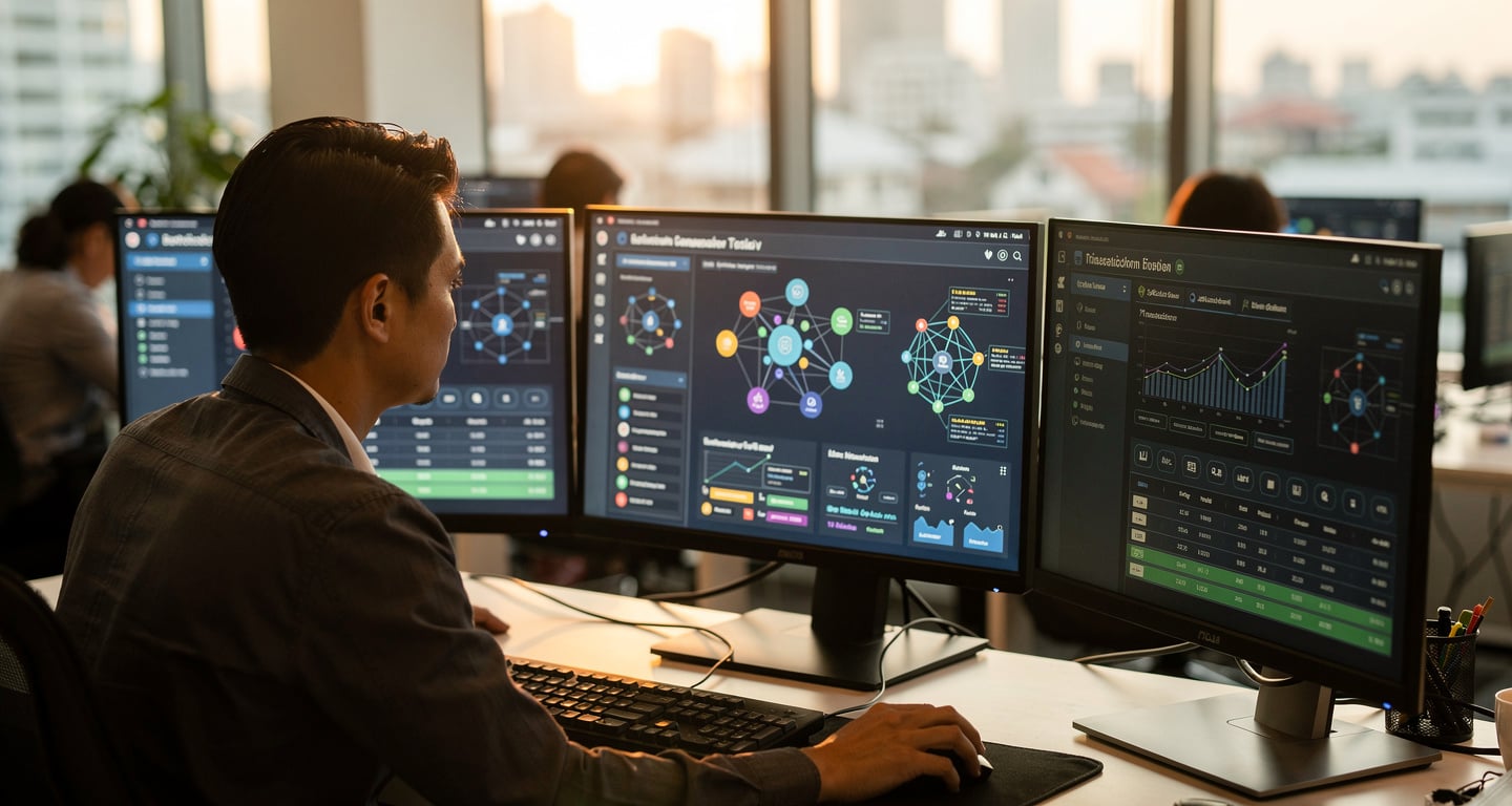 Compliance officer monitoring blockchain analytics dashboards at Bangkok fintech office, afternoon light