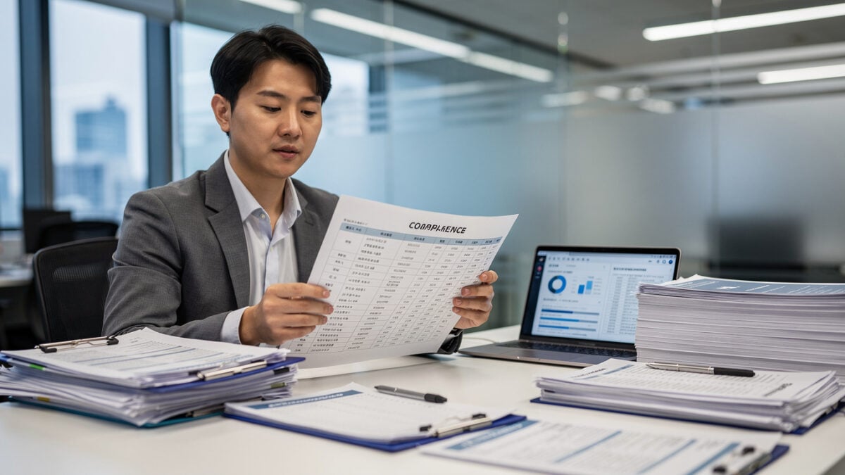 Compliance officer reviewing AI training data documentation at Seoul tech company desk with regulatory documents